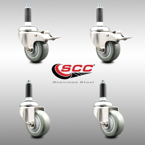 Service Caster 3.5 Inch 316SS Gray Polyurethane Swivel 3/4 Inch Stem Caster Lock Brake, 2PK SCC-SS316TTLEX20S3514-PPUB-2-S-2-34 - main